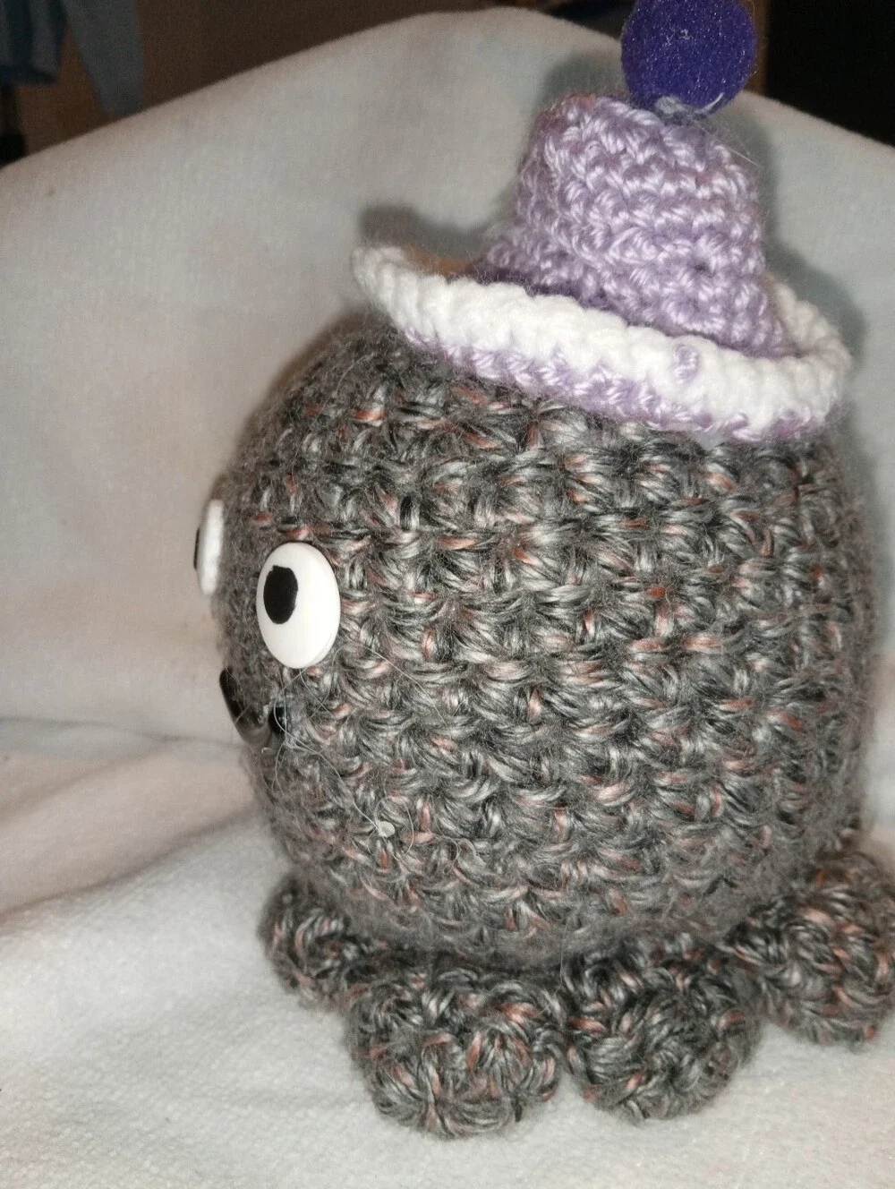 Handcrafted Gray Crochet Octopus Plush with Purple Hat Amigurumi